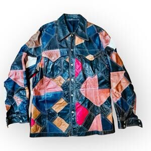 VTG 70s‎ Patchwork Leather Jacket Blazer Coat For Tall Person Long Sleeves XL